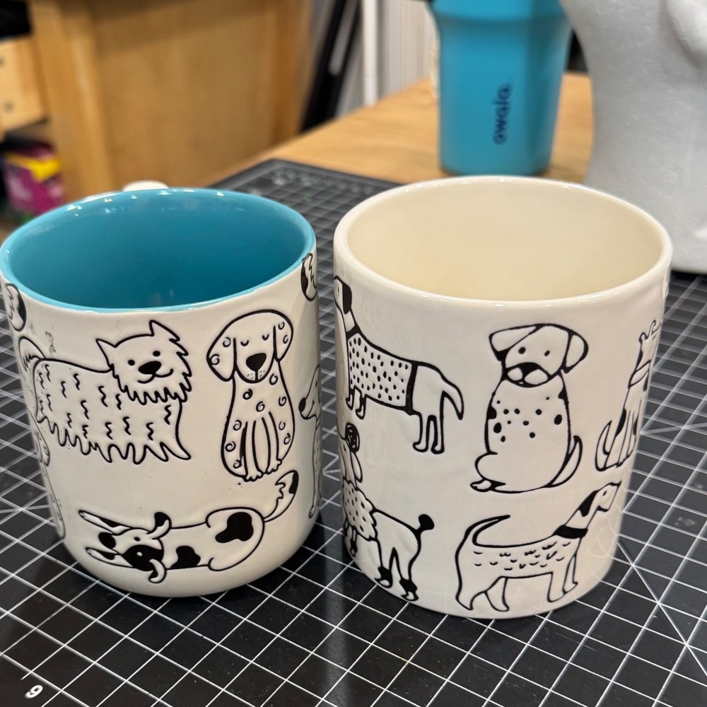 Set of 2 Dog Illustration Ceramic Coffee Mugs Blue White Interior Puppy Lover